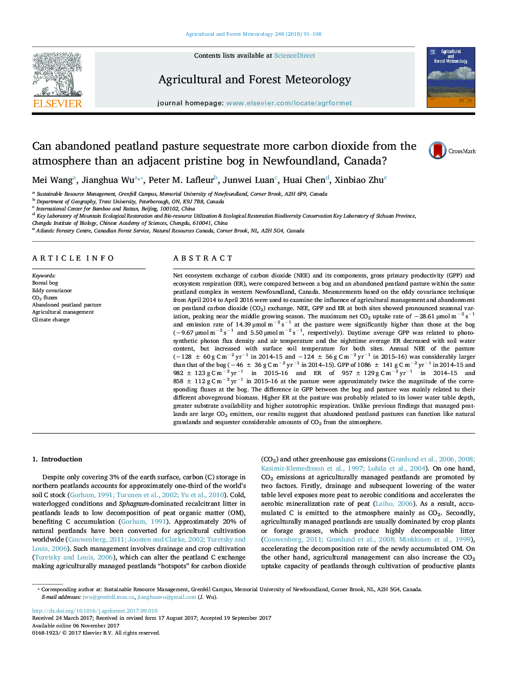 Can abandoned peatland pasture sequestrate more carbon dioxide from the atmosphere than an adjacent pristine bog in Newfoundland, Canada?