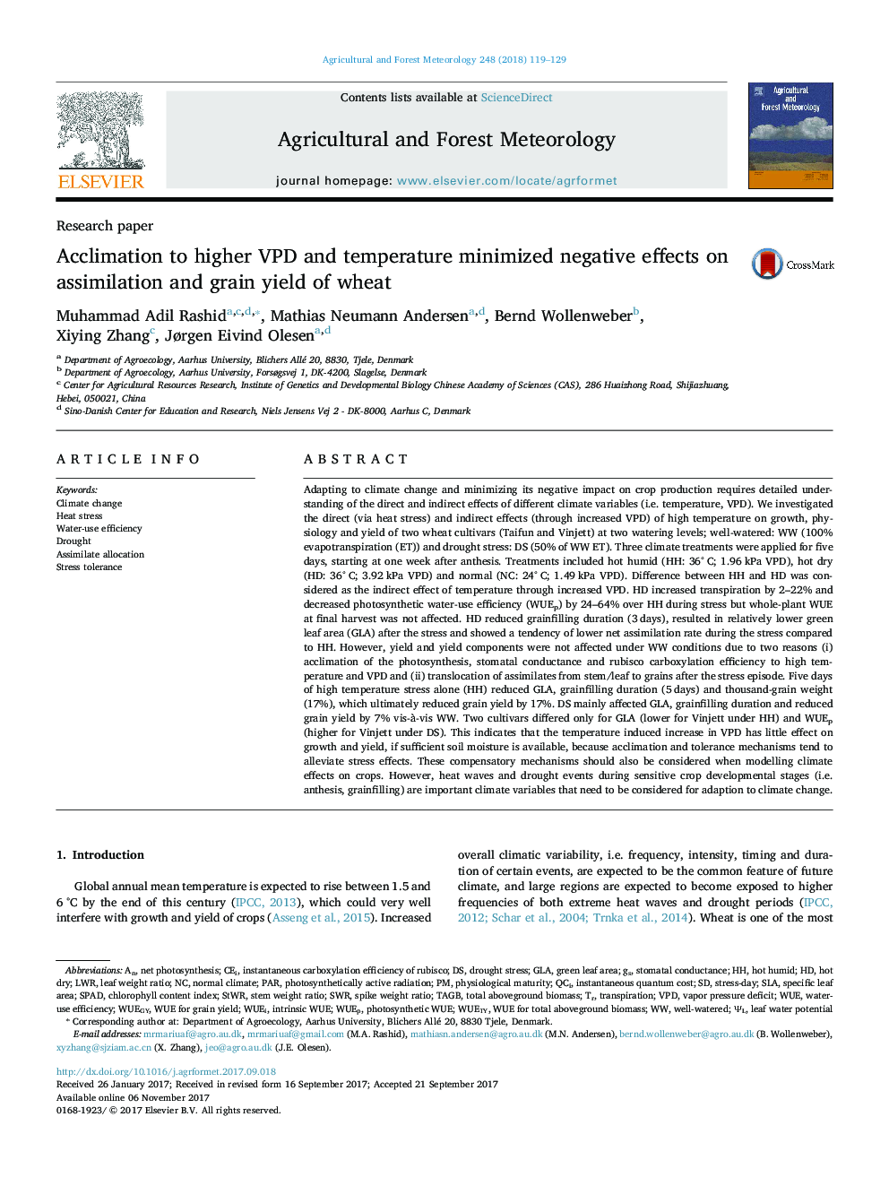 Acclimation to higher VPD and temperature minimized negative effects on assimilation and grain yield of wheat