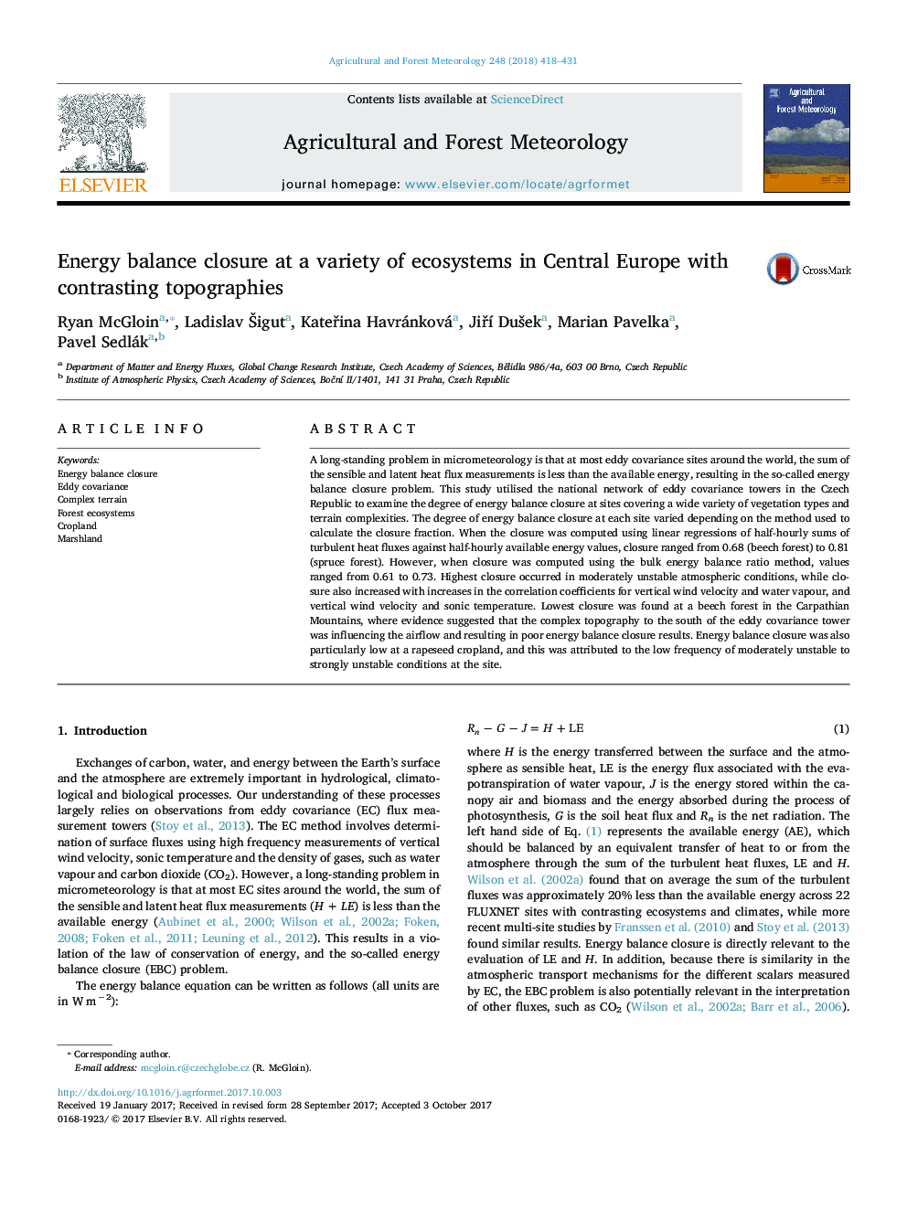 Energy balance closure at a variety of ecosystems in Central Europe with contrasting topographies