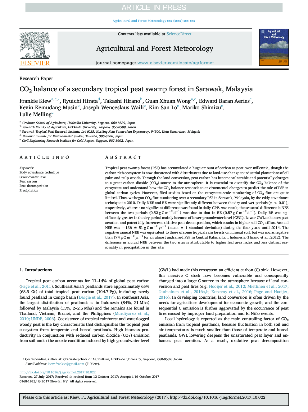 CO2 balance of a secondary tropical peat swamp forest in Sarawak, Malaysia