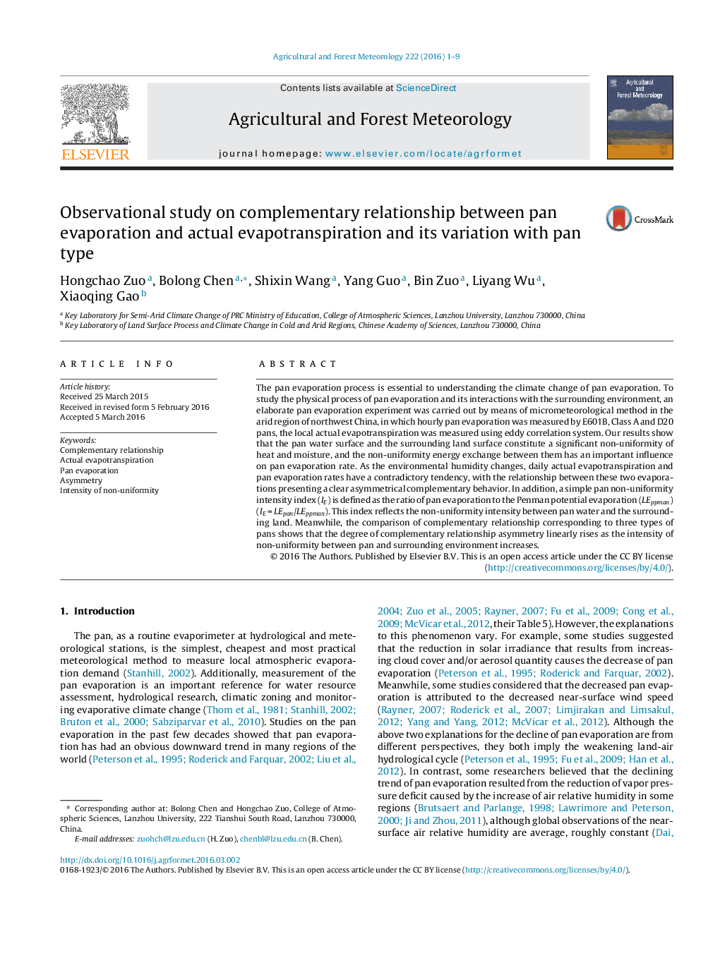 Observational study on complementary relationship between pan evaporation and actual evapotranspiration and its variation with pan type