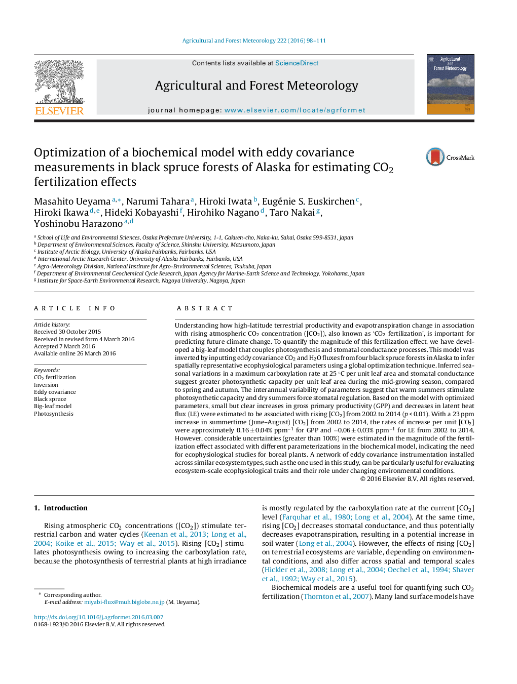 Optimization of a biochemical model with eddy covariance measurements in black spruce forests of Alaska for estimating CO2 fertilization effects