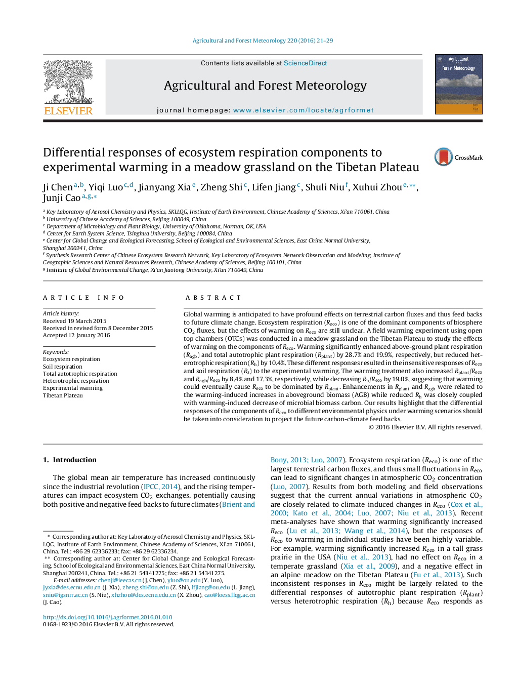 Differential responses of ecosystem respiration components to experimental warming in a meadow grassland on the Tibetan Plateau