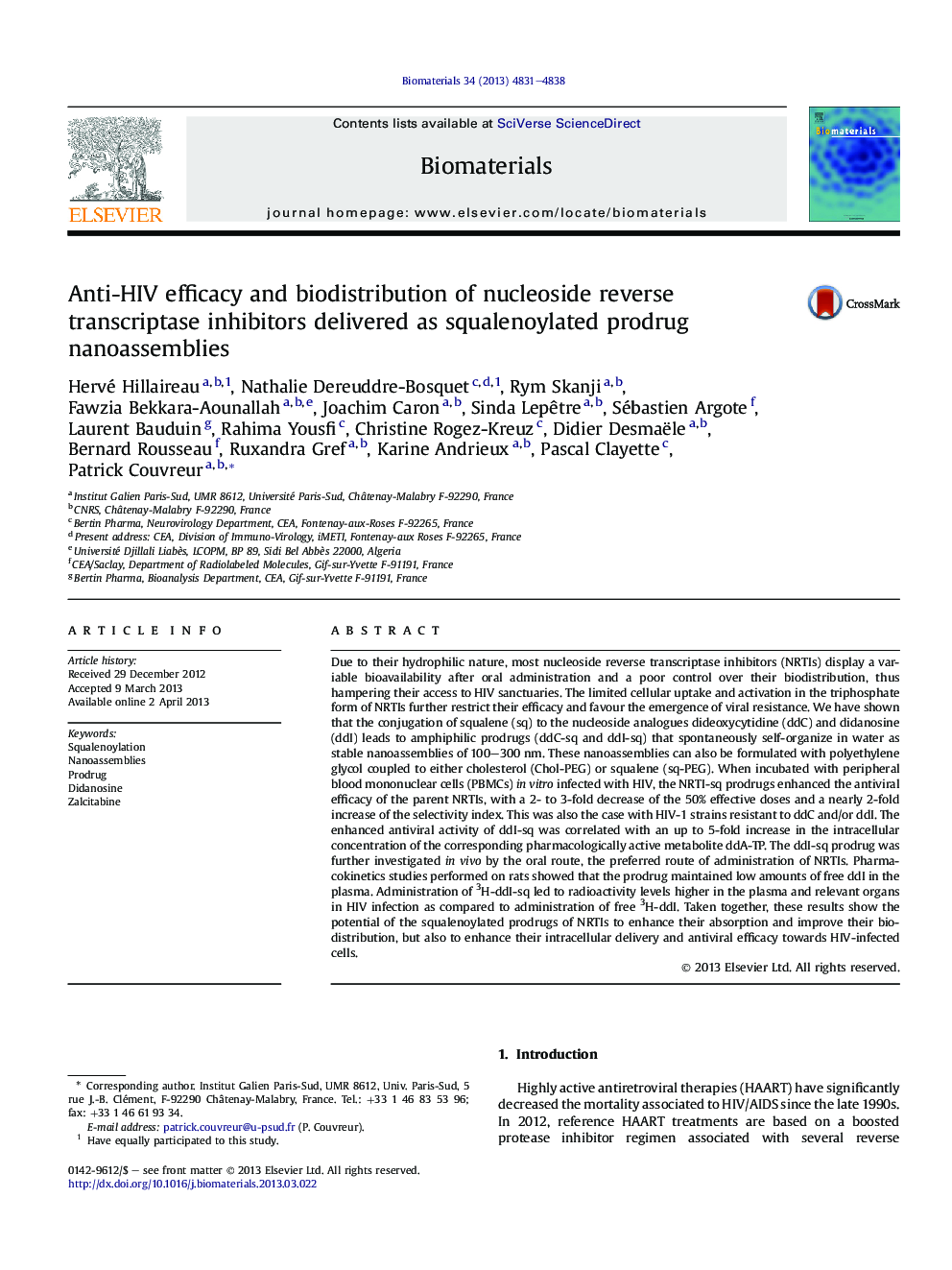 Anti-HIV efficacy and biodistribution of nucleoside reverse transcriptase inhibitors delivered as squalenoylated prodrug nanoassemblies