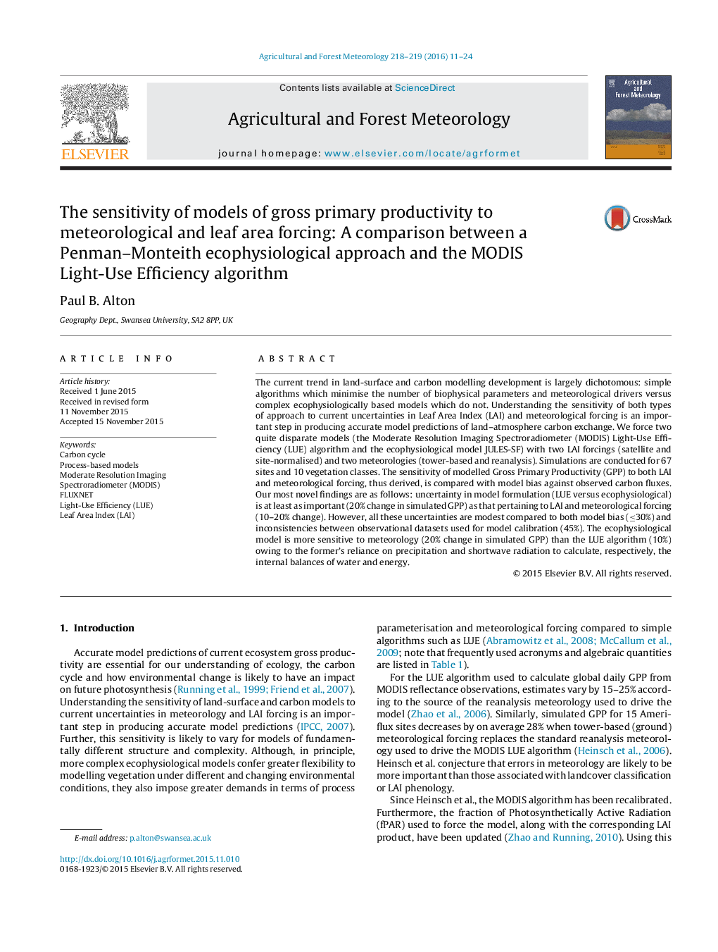 The sensitivity of models of gross primary productivity to meteorological and leaf area forcing: A comparison between a Penman-Monteith ecophysiological approach and the MODIS Light-Use Efficiency algorithm