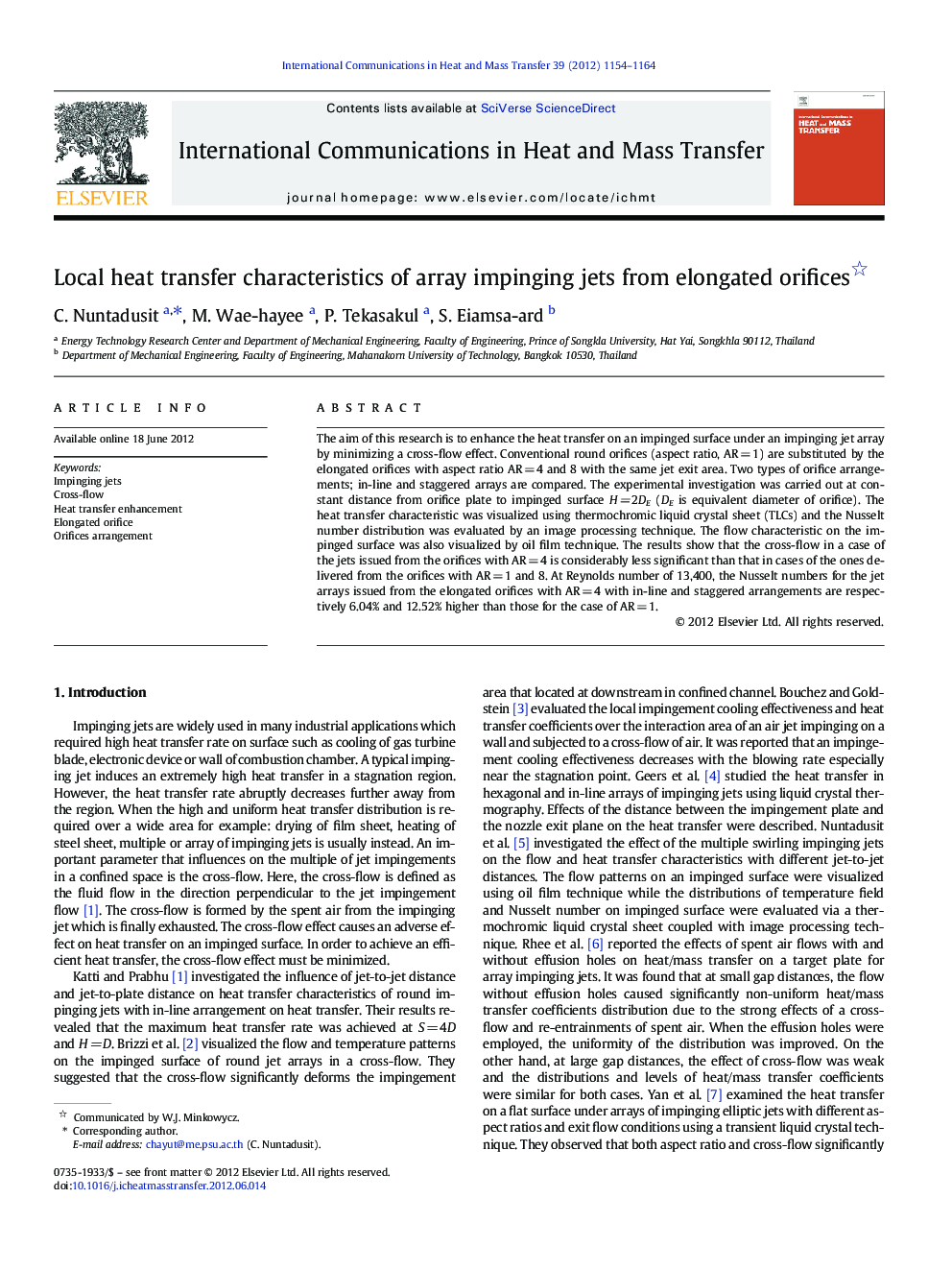 Local heat transfer characteristics of array impinging jets from elongated orifices