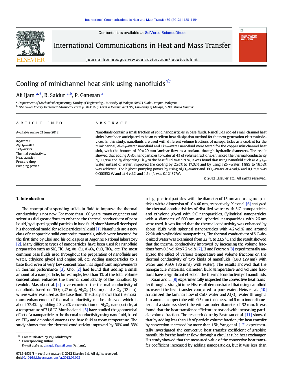 Cooling of minichannel heat sink using nanofluids 