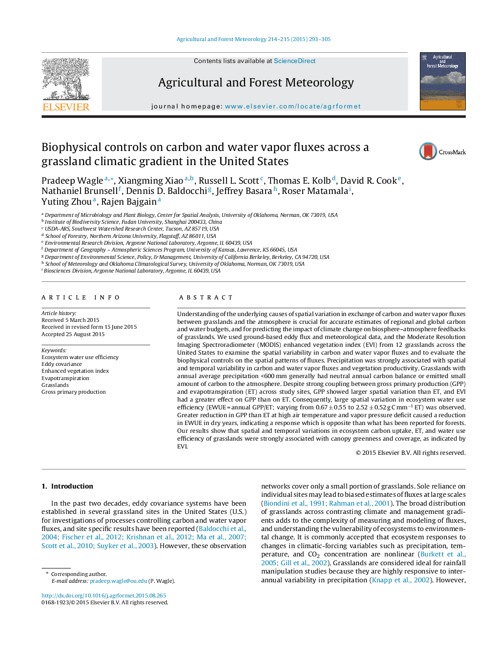 Biophysical controls on carbon and water vapor fluxes across a grassland climatic gradient in the United States