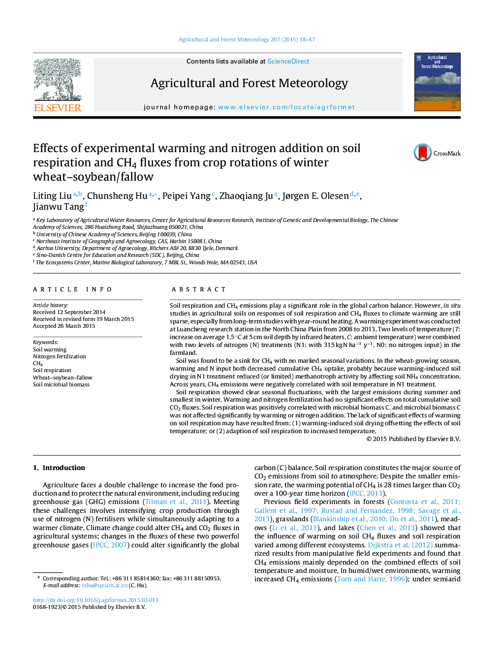 Effects of experimental warming and nitrogen addition on soil respiration and CH4 fluxes from crop rotations of winter wheat-soybean/fallow