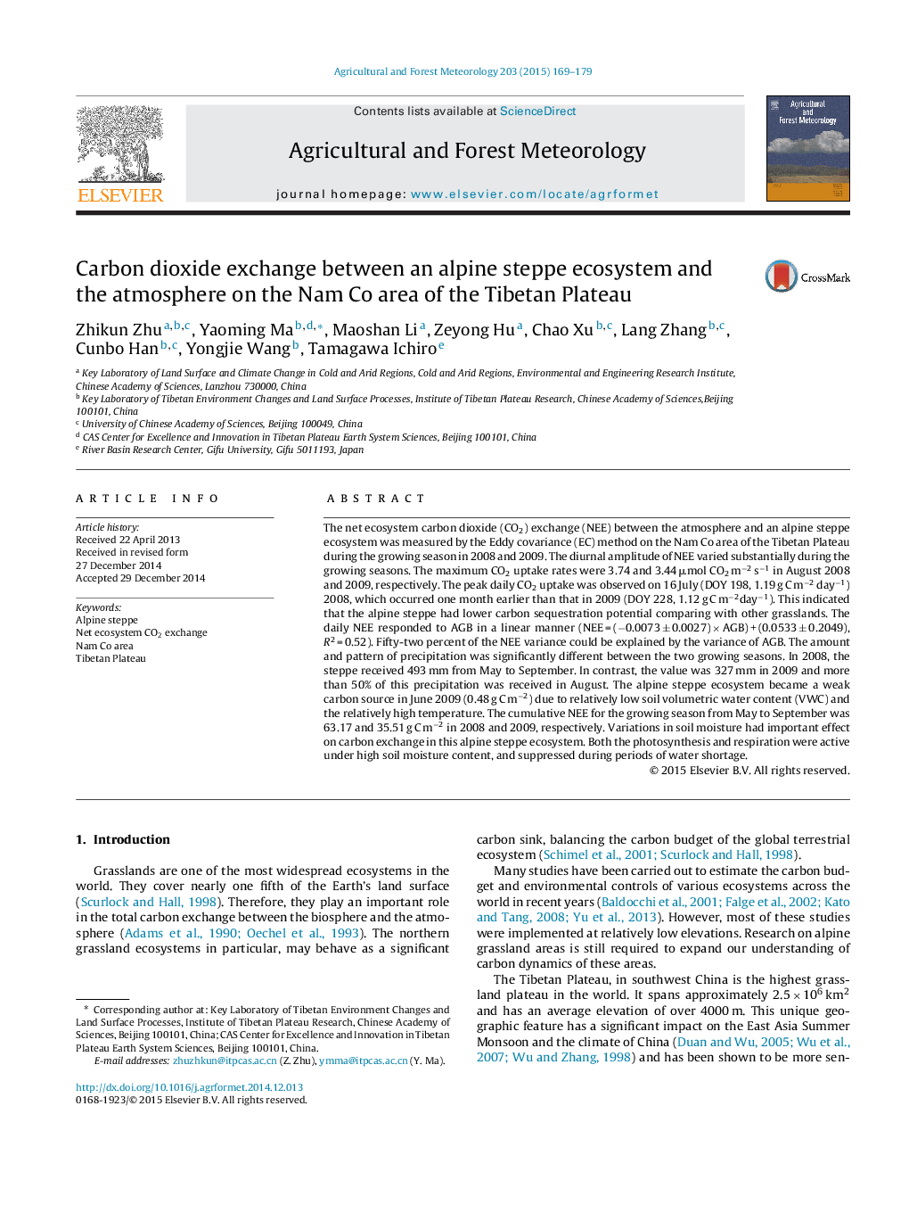 Carbon dioxide exchange between an alpine steppe ecosystem and the atmosphere on the Nam Co area of the Tibetan Plateau