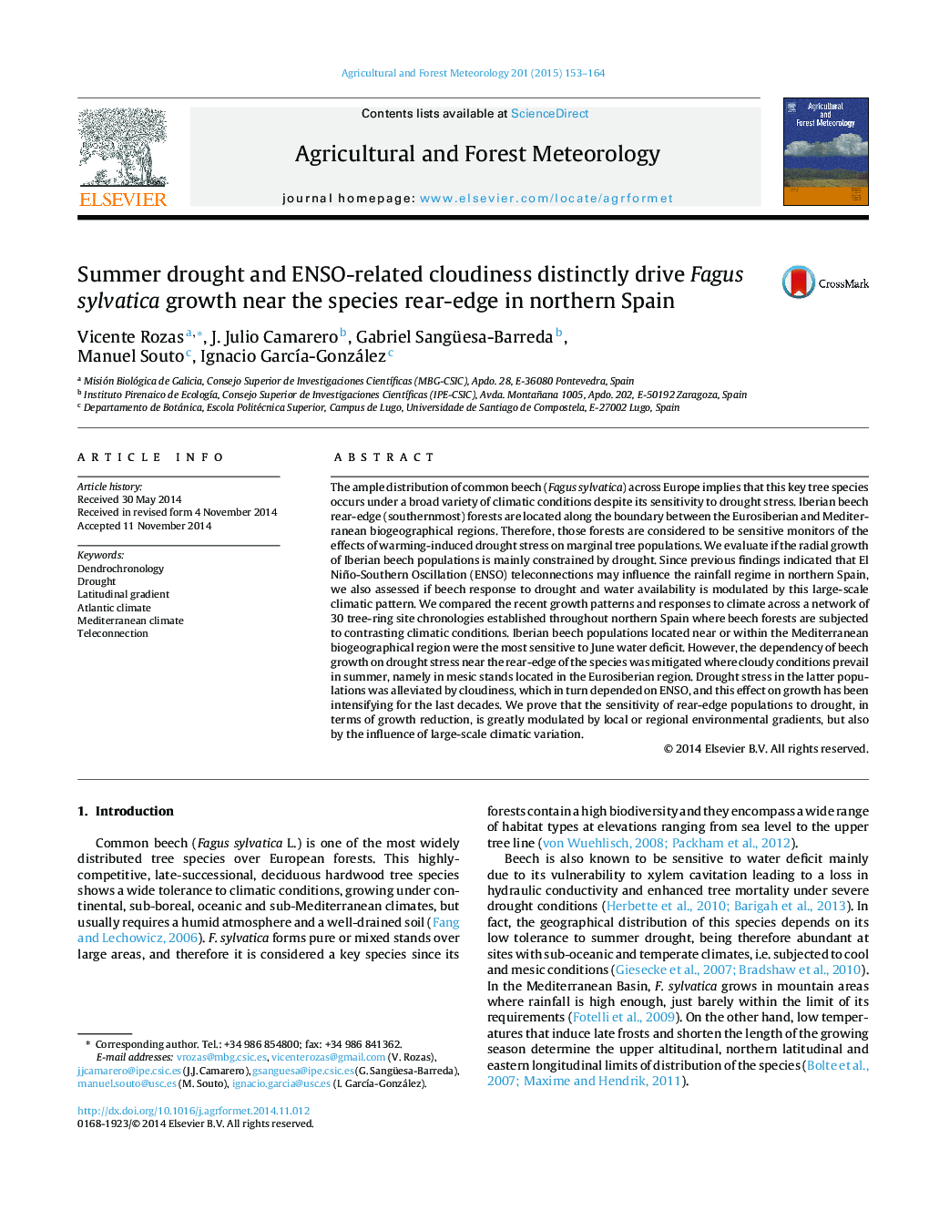 Summer drought and ENSO-related cloudiness distinctly drive Fagus sylvatica growth near the species rear-edge in northern Spain