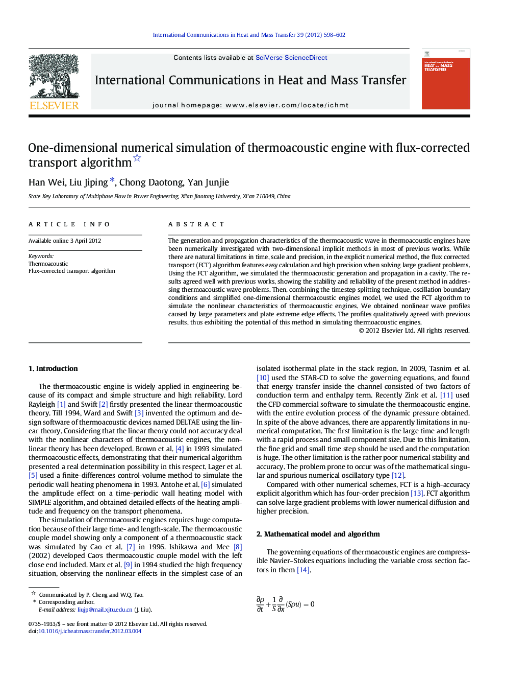 One-dimensional numerical simulation of thermoacoustic engine with flux-corrected transport algorithm 