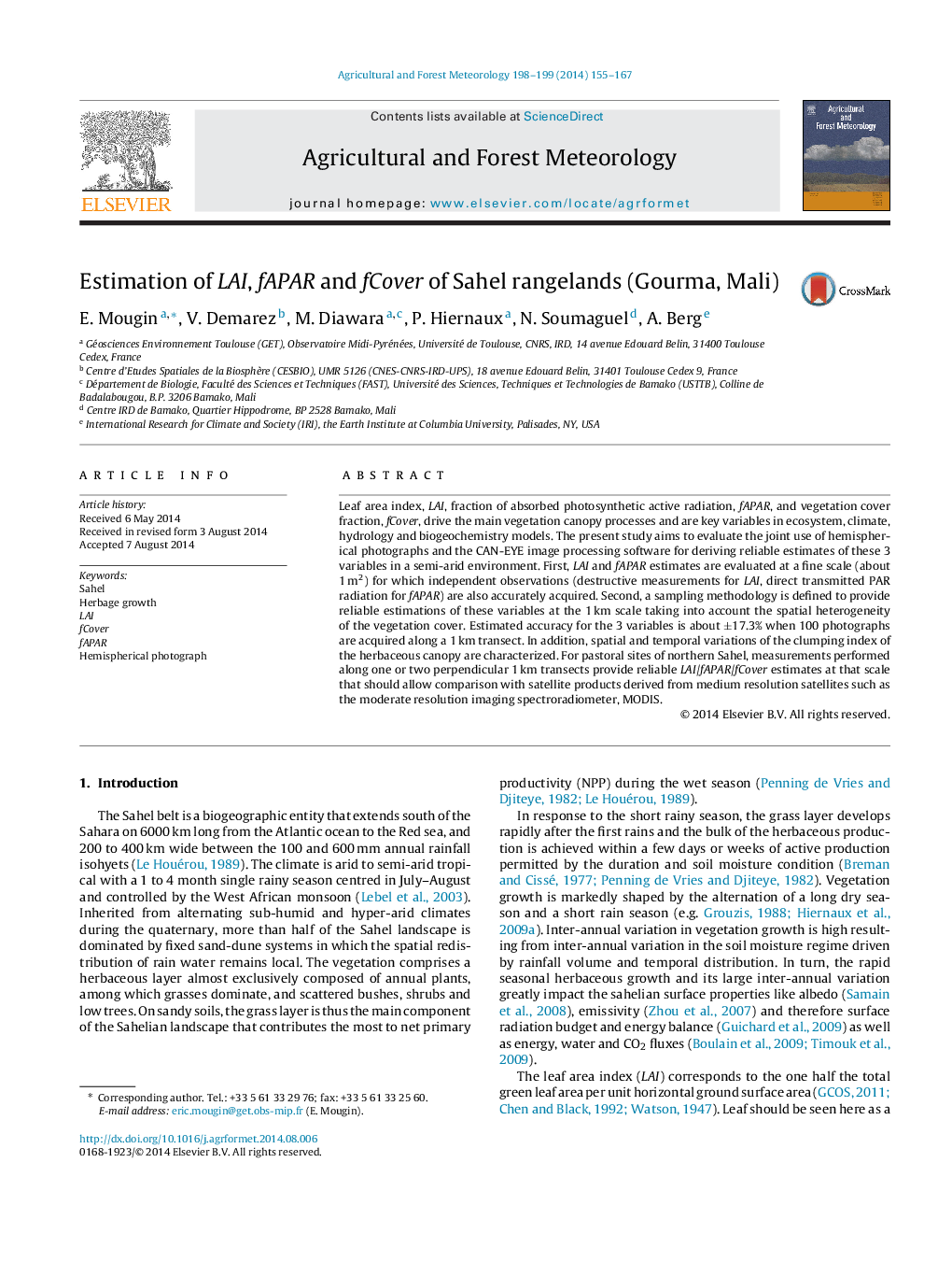 Estimation of LAI, fAPAR and fCover of Sahel rangelands (Gourma, Mali)