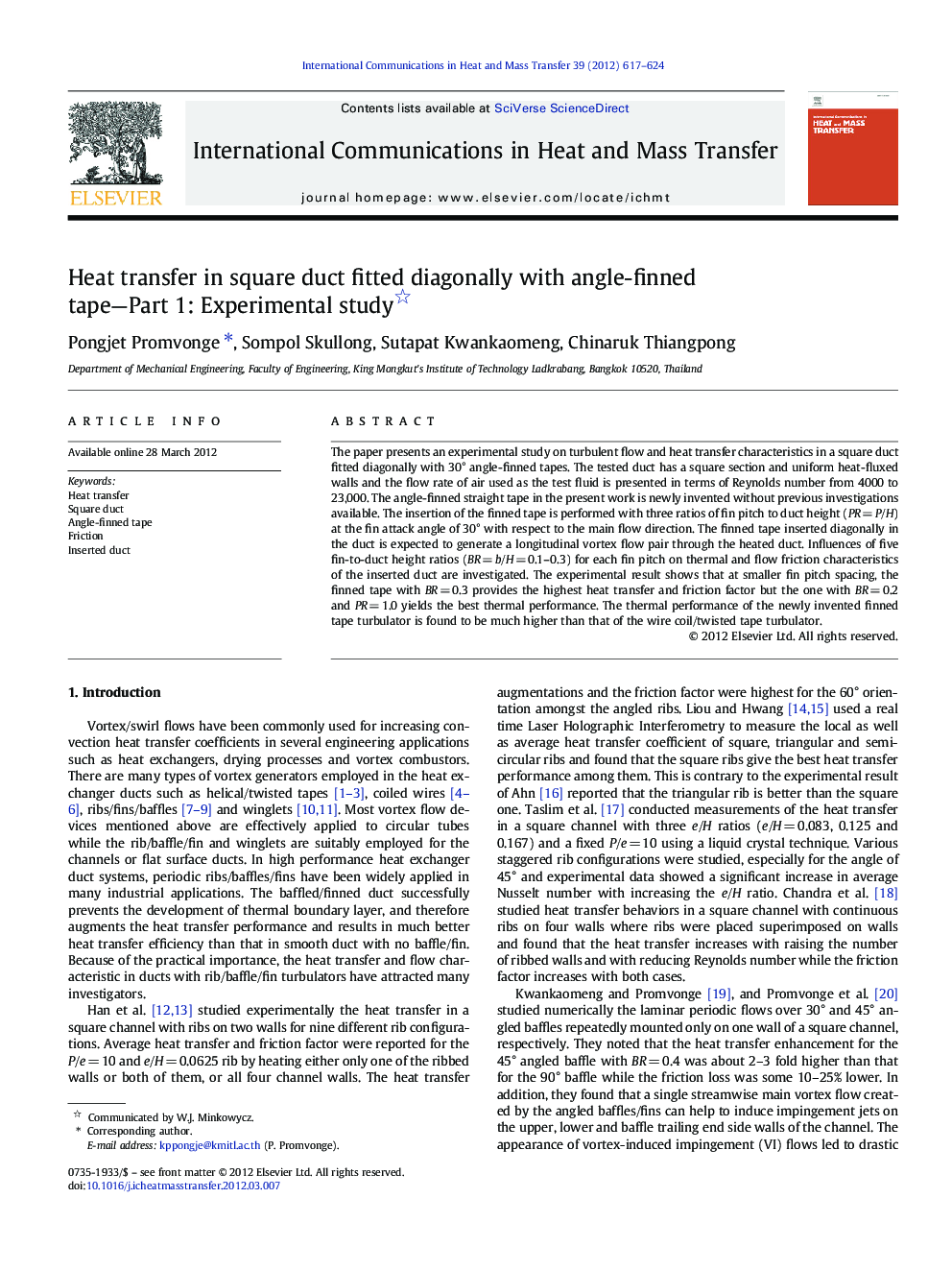 Heat transfer in square duct fitted diagonally with angle-finned tape—Part 1: Experimental study 