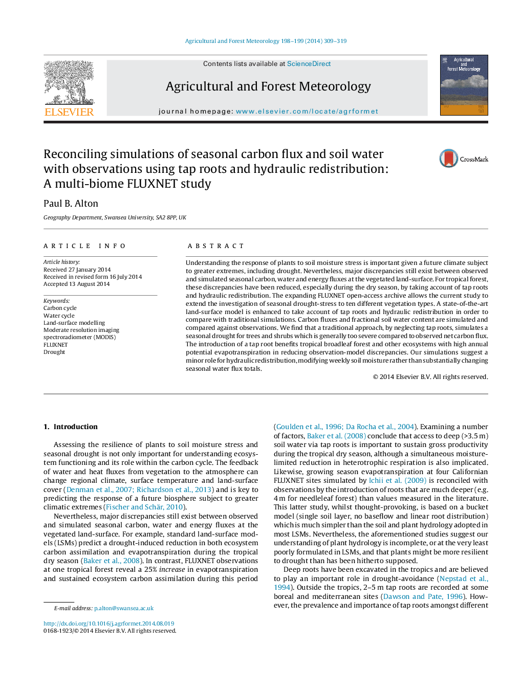 Reconciling simulations of seasonal carbon flux and soil water with observations using tap roots and hydraulic redistribution: A multi-biome FLUXNET study