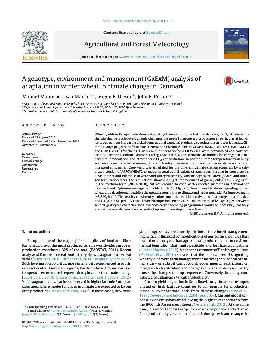 A genotype, environment and management (GxExM) analysis of adaptation in winter wheat to climate change in Denmark