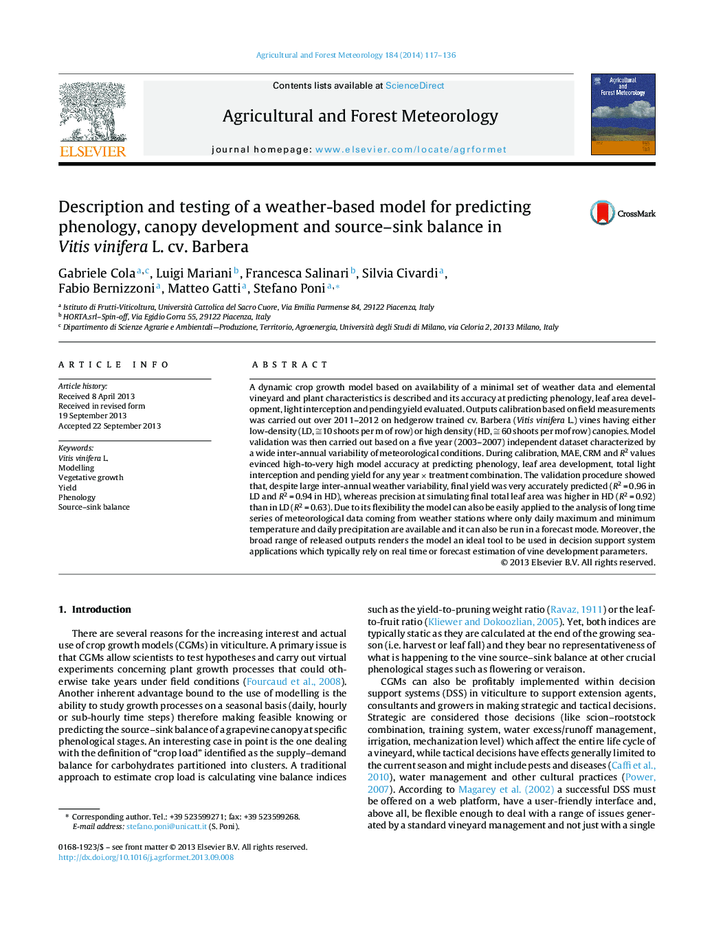 Description and testing of a weather-based model for predicting phenology, canopy development and source-sink balance in Vitis vinifera L. cv. Barbera