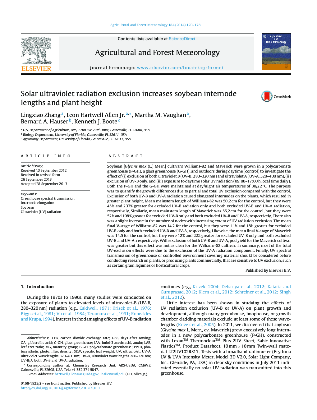 Solar ultraviolet radiation exclusion increases soybean internode lengths and plant height