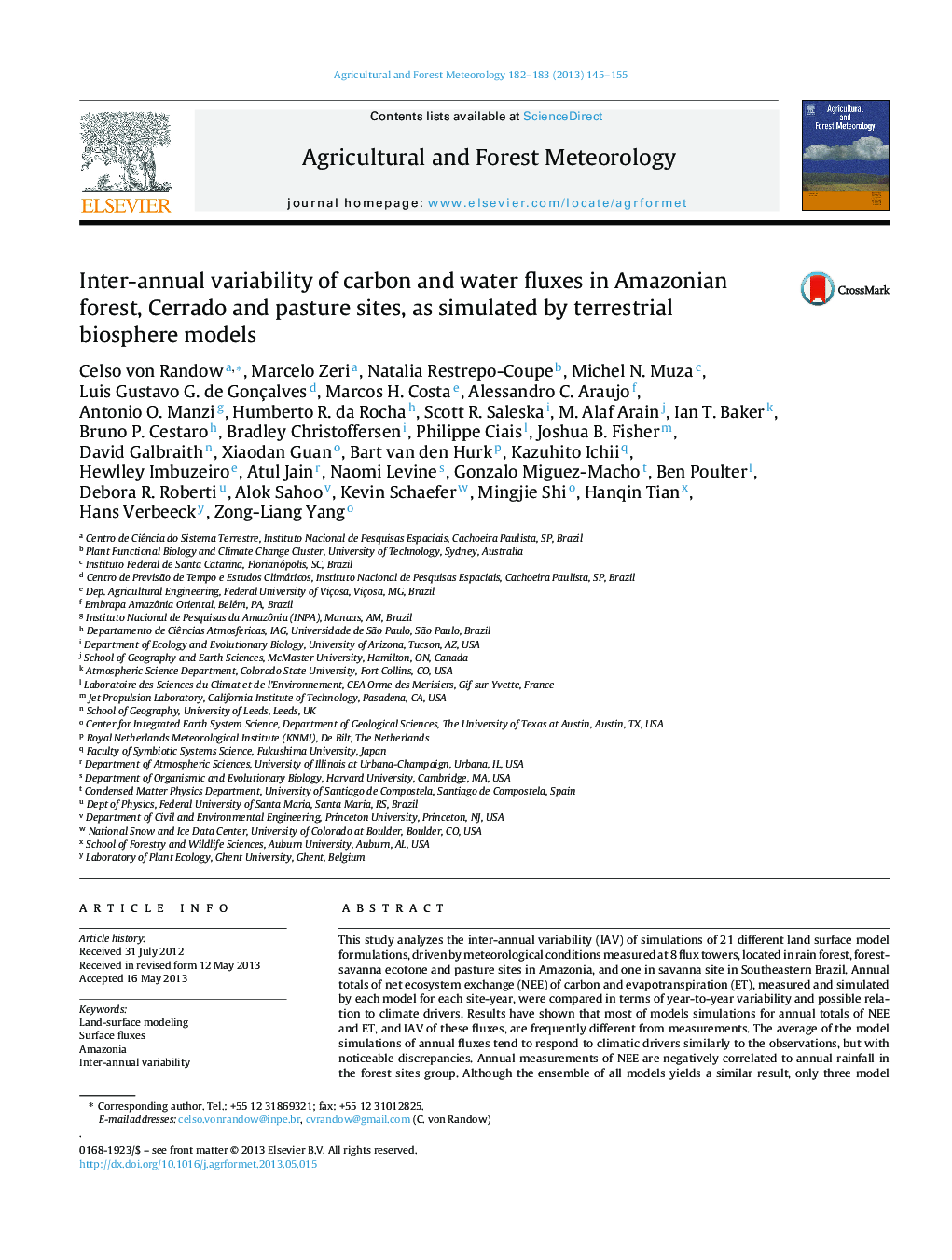 Inter-annual variability of carbon and water fluxes in Amazonian forest, Cerrado and pasture sites, as simulated by terrestrial biosphere models