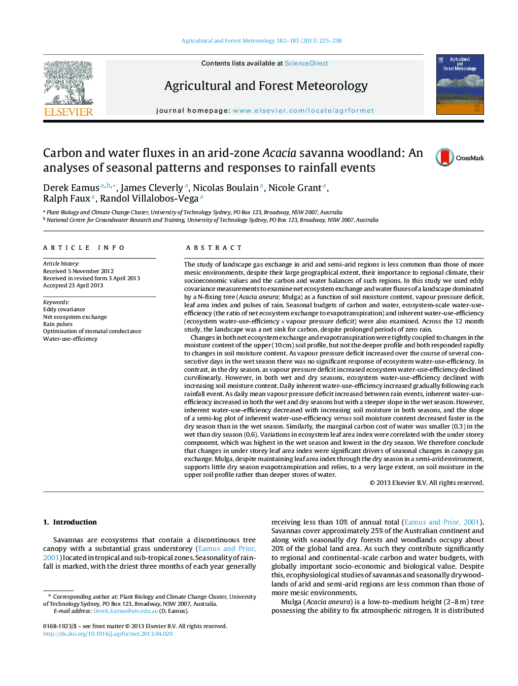 Carbon and water fluxes in an arid-zone Acacia savanna woodland: An analyses of seasonal patterns and responses to rainfall events