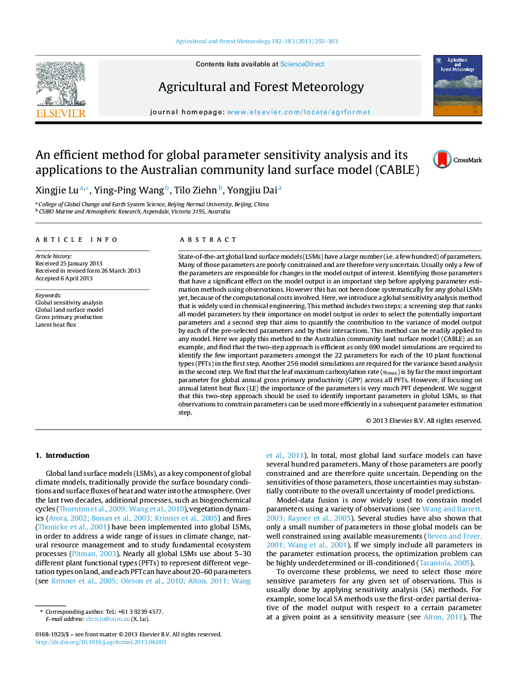 An efficient method for global parameter sensitivity analysis and its applications to the Australian community land surface model (CABLE)