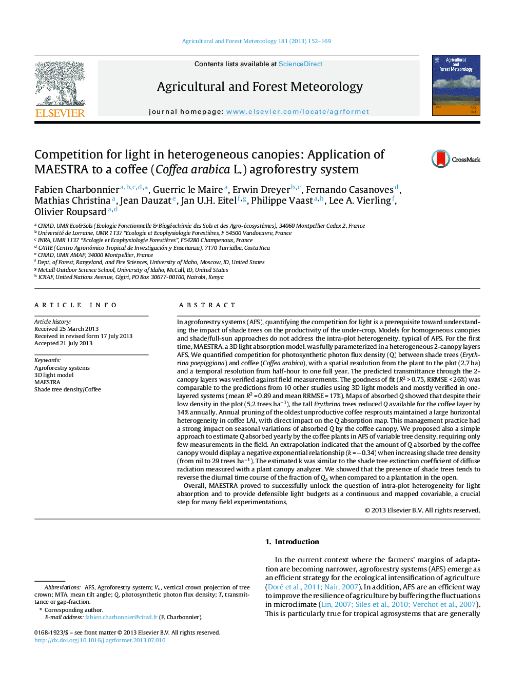 Competition for light in heterogeneous canopies: Application of MAESTRA to a coffee (Coffea arabica L.) agroforestry system