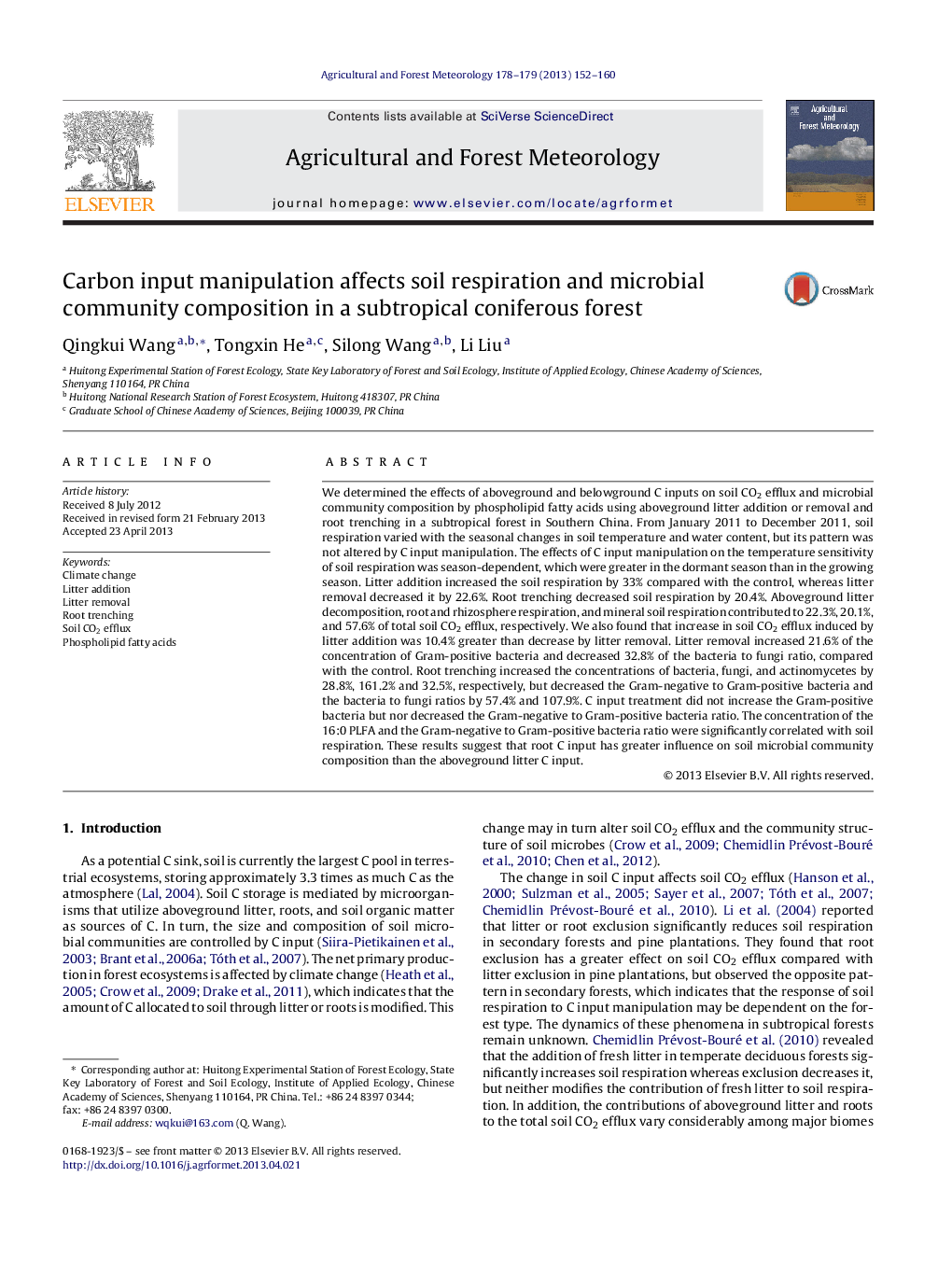 Carbon input manipulation affects soil respiration and microbial community composition in a subtropical coniferous forest