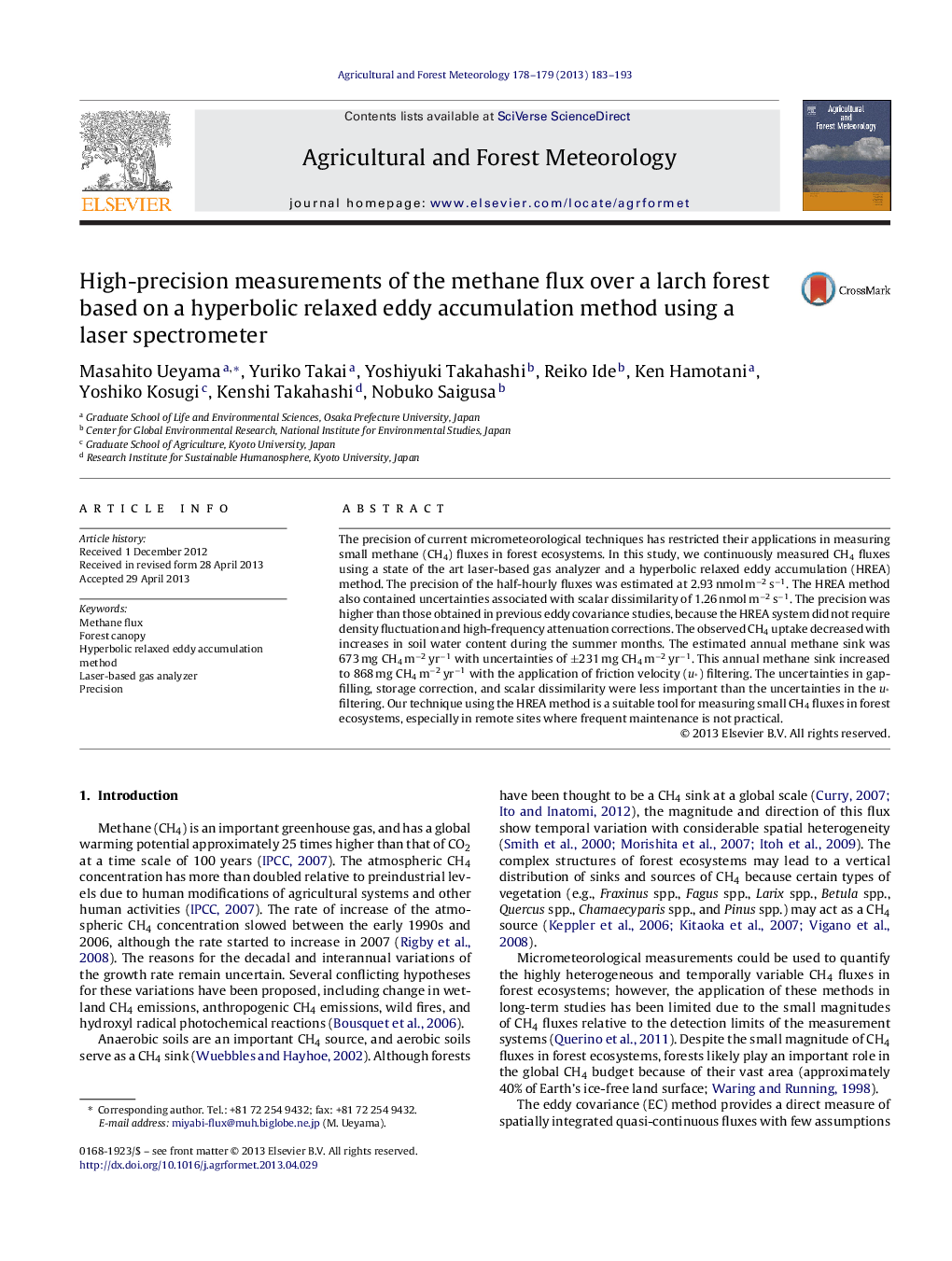 High-precision measurements of the methane flux over a larch forest based on a hyperbolic relaxed eddy accumulation method using a laser spectrometer