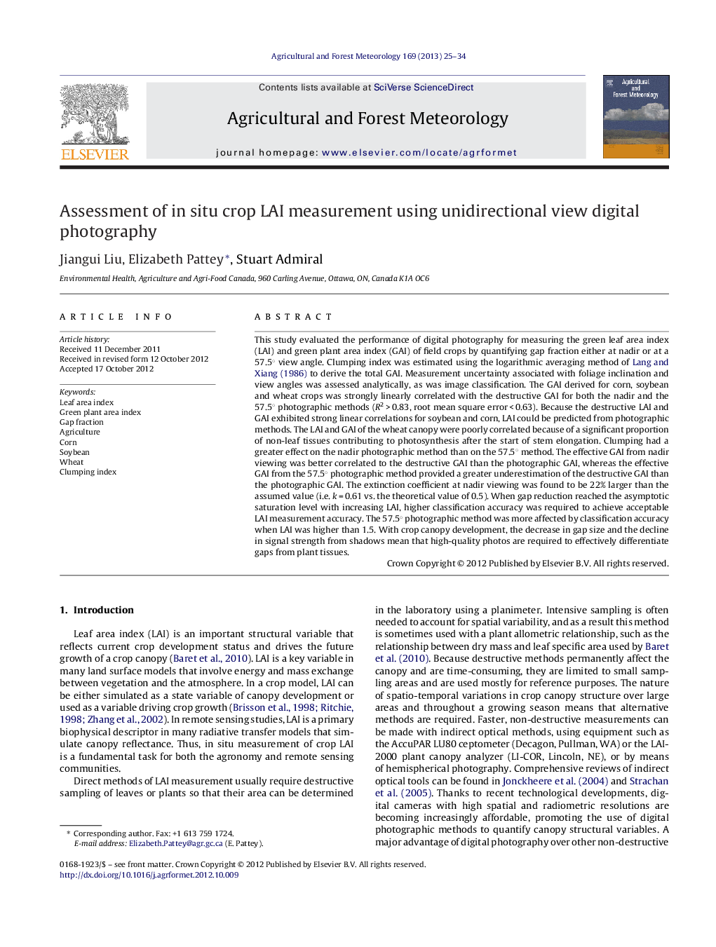 Assessment of in situ crop LAI measurement using unidirectional view digital photography