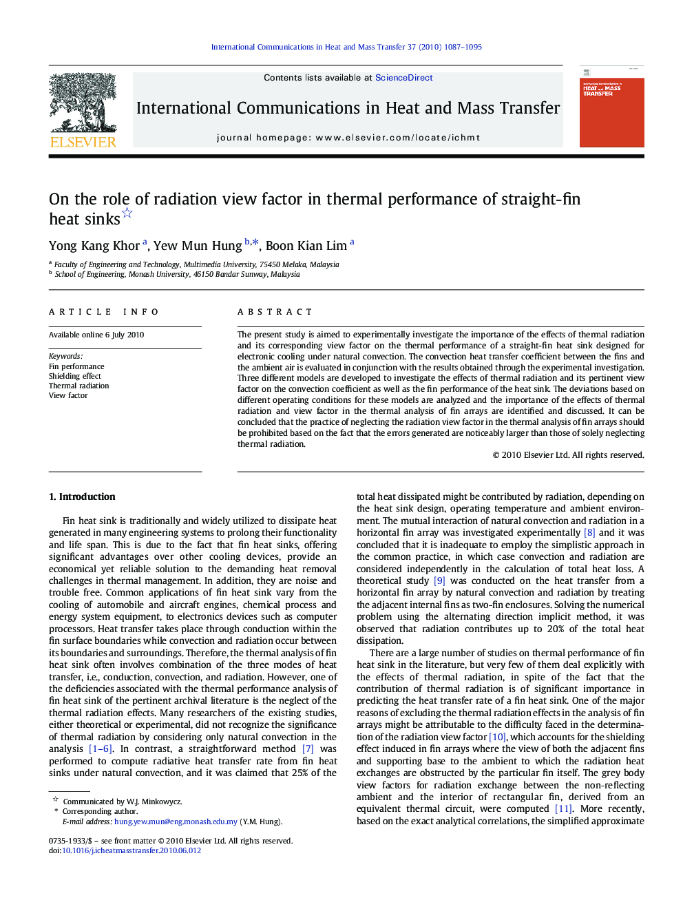 On the role of radiation view factor in thermal performance of straight-fin heat sinks 