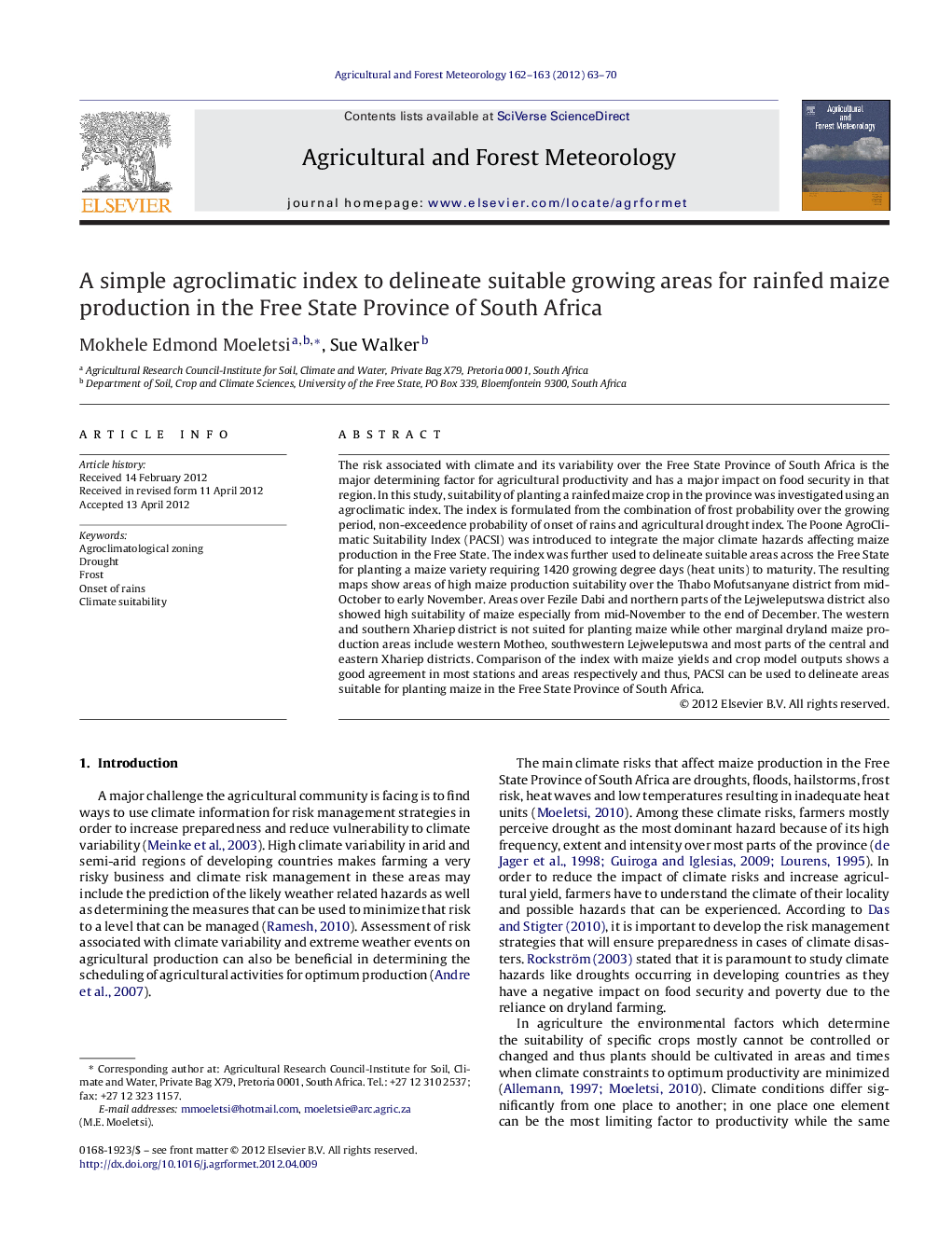 A simple agroclimatic index to delineate suitable growing areas for rainfed maize production in the Free State Province of South Africa