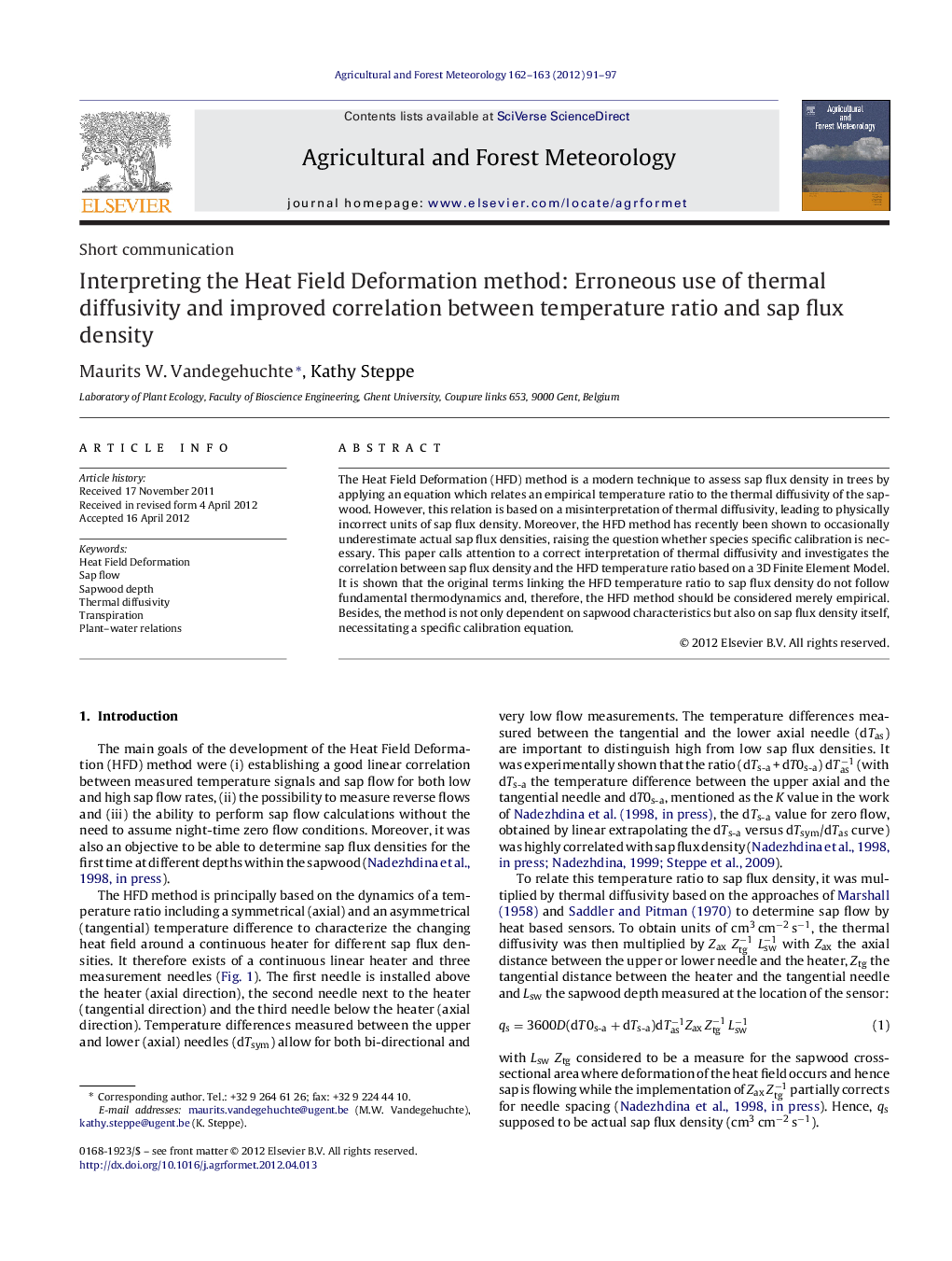 Interpreting the Heat Field Deformation method: Erroneous use of thermal diffusivity and improved correlation between temperature ratio and sap flux density