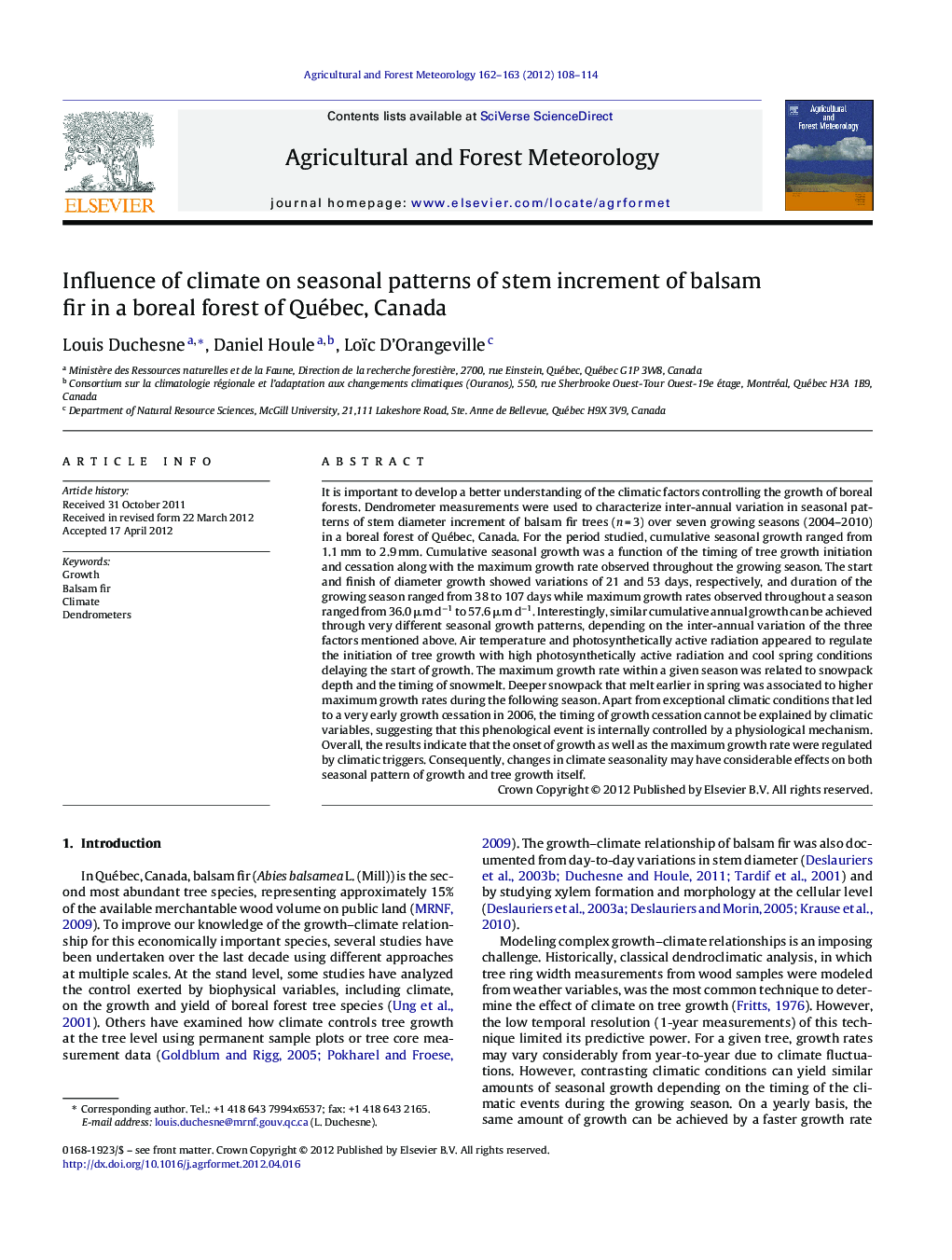 Influence of climate on seasonal patterns of stem increment of balsam fir in a boreal forest of Québec, Canada