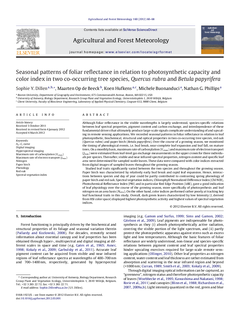 Seasonal patterns of foliar reflectance in relation to photosynthetic capacity and color index in two co-occurring tree species, Quercus rubra and Betula papyrifera