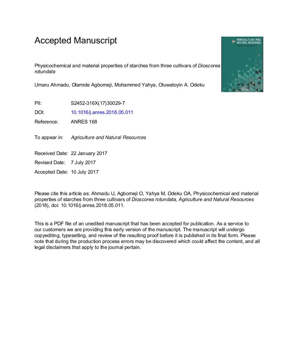 Physicochemical and material properties of starches from three cultivars of Dioscorea rotundata