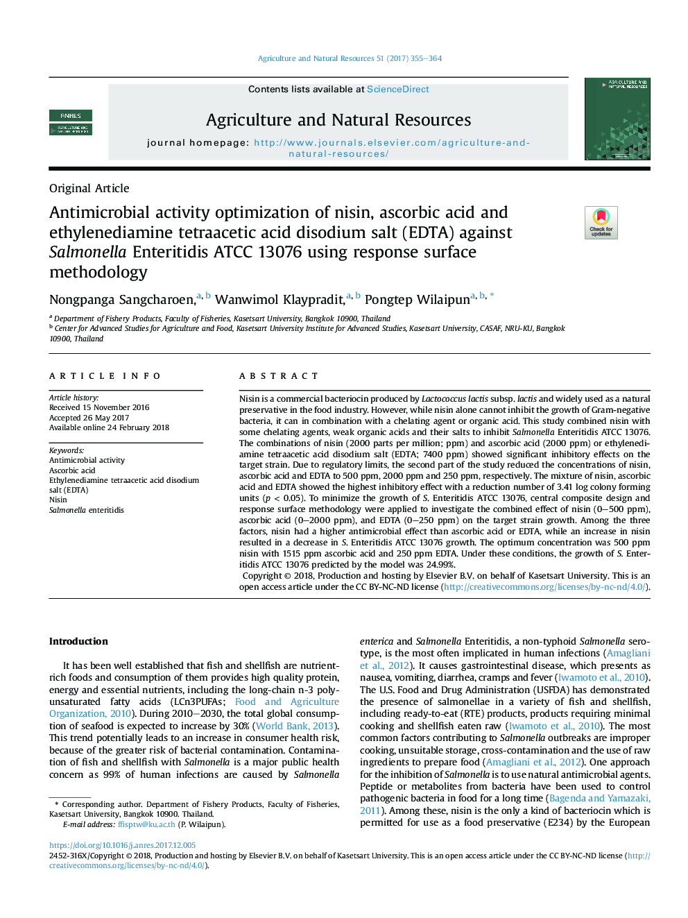 Antimicrobial activity optimization of nisin, ascorbic acid and ethylenediamine tetraacetic acid disodium salt (EDTA) against Salmonella Enteritidis ATCC 13076 using response surface methodology