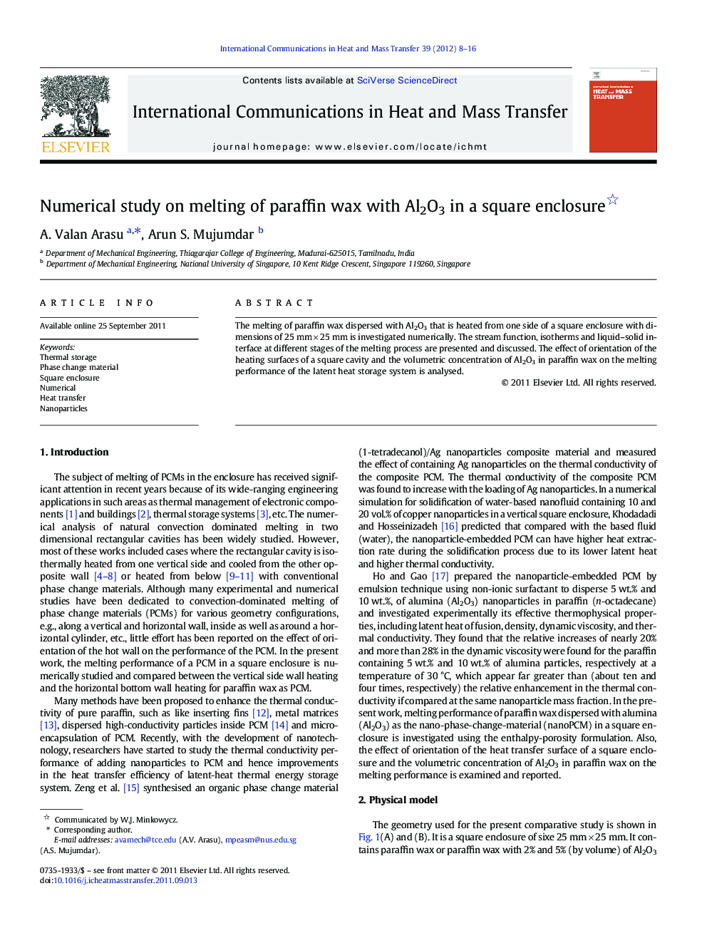 Numerical study on melting of paraffin wax with Al2O3 in a square enclosure 