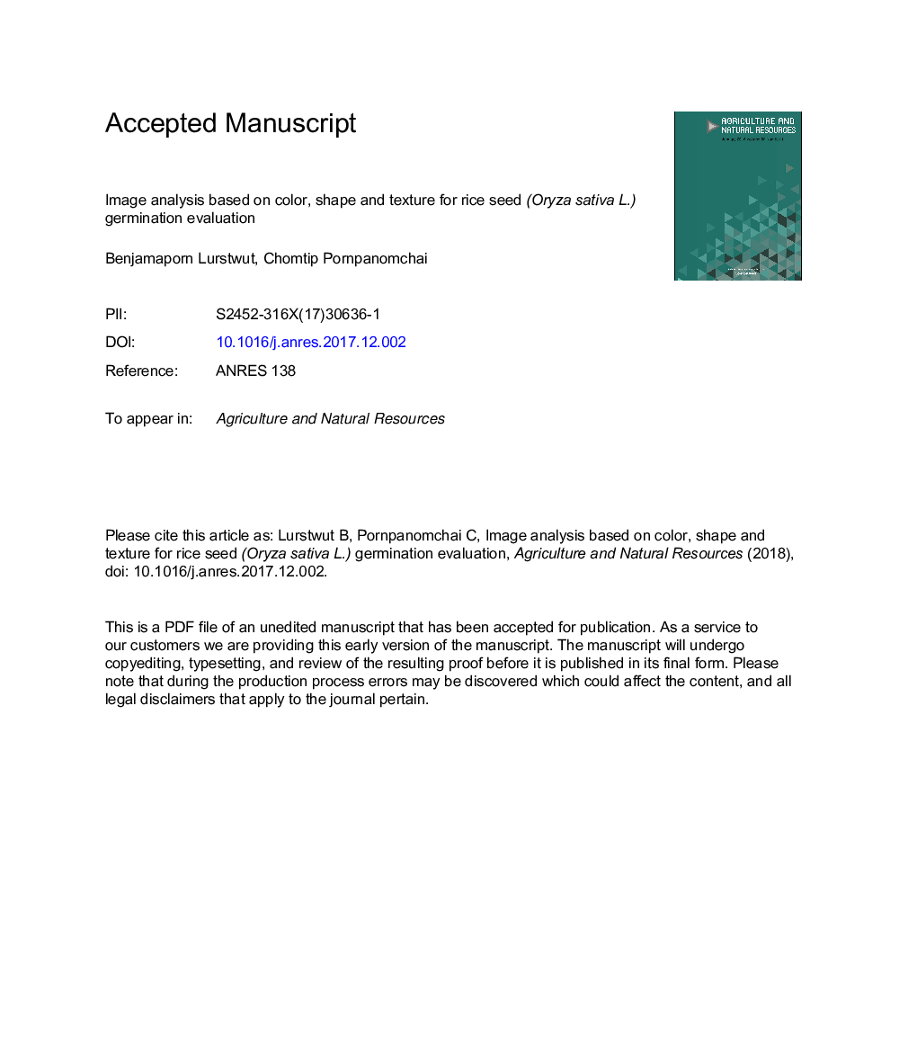 Image analysis based on color, shape and texture for rice seed (OryzaÂ sativa L.) germination evaluation