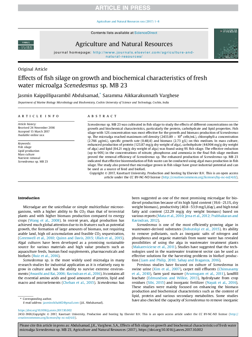 Effects of fish silage on growth and biochemical characteristics of fresh water microalga Scenedesmus sp. MB 23