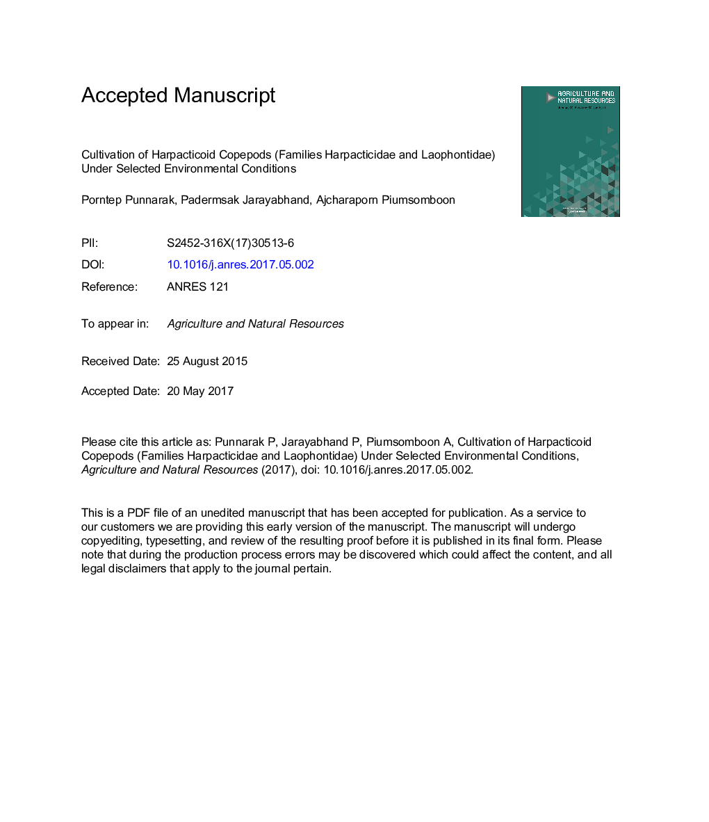 Cultivation of harpacticoid copepods (families harpacticidae and laophontidae) under selected environmental conditions