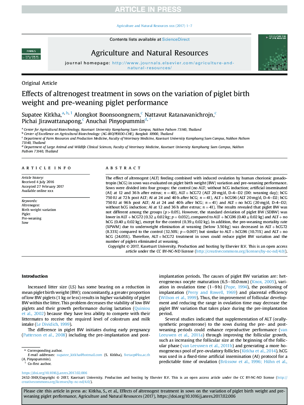 Effects of altrenogest treatment in sows on the variation of piglet birth weight and pre-weaning piglet performance