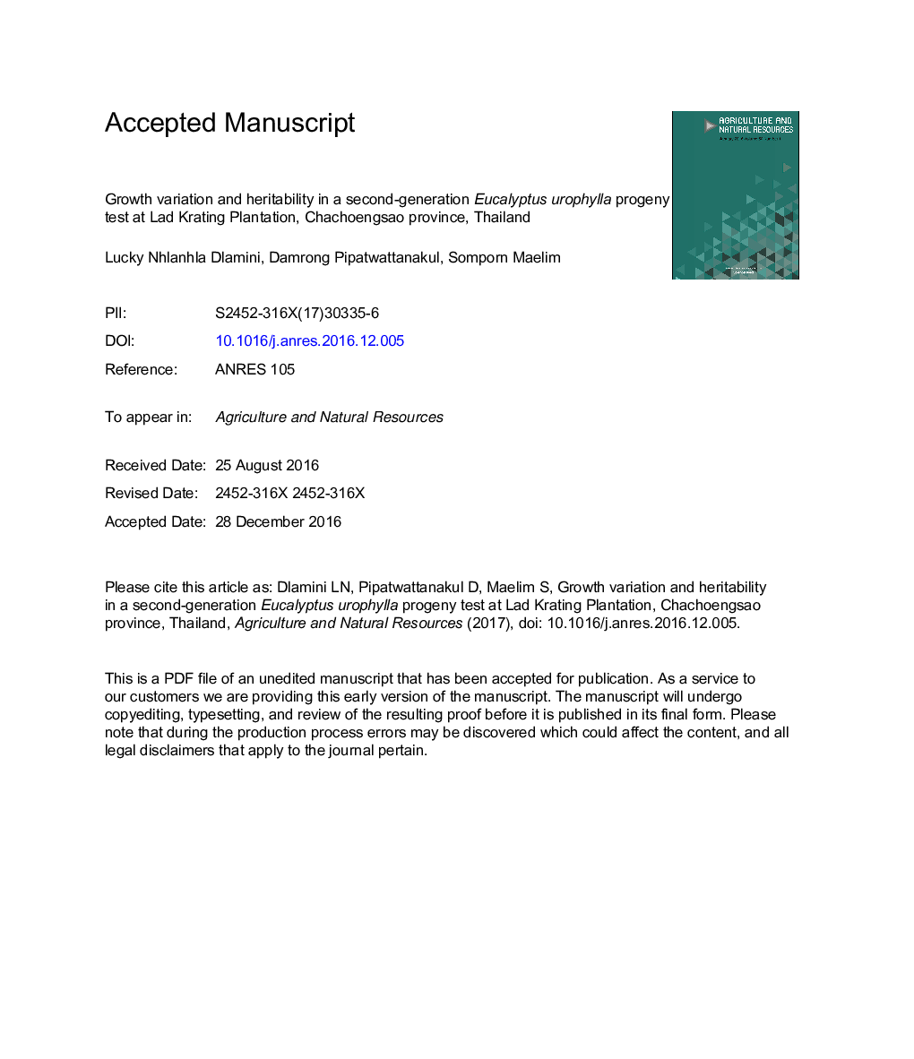 Growth variation and heritability in a second-generation Eucalyptus urophylla progeny test at Lad Krating Plantation, Chachoengsao province, Thailand