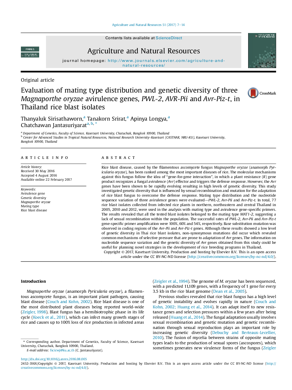 Evaluation of mating type distribution and genetic diversity of three Magnaporthe oryzae avirulence genes, PWL-2, AVR-Pii and Avr-Piz-t, in Thailand rice blast isolates