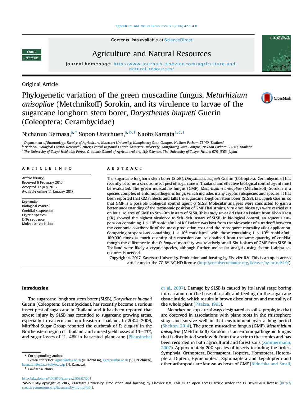 Phylogenetic variation of the green muscadine fungus, Metarhizium anisopliae (Metchnikoff) Sorokin, and its virulence to larvae of the sugarcane longhorn stem borer, Dorysthenes buqueti Guerin (Coleoptera: Cerambycidae)