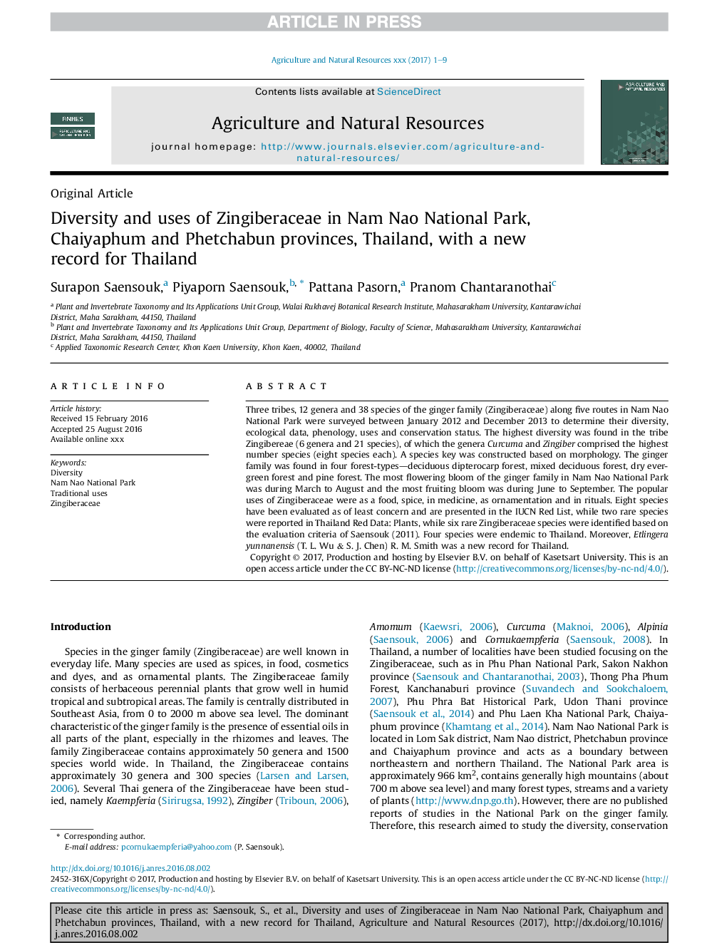 Diversity and uses of Zingiberaceae in Nam Nao National Park, Chaiyaphum and Phetchabun provinces, Thailand, with a new record for Thailand