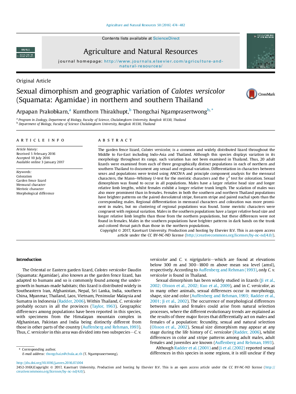 Sexual dimorphism and geographic variation of Calotes versicolor (Squamata: Agamidae) in northern and southern Thailand