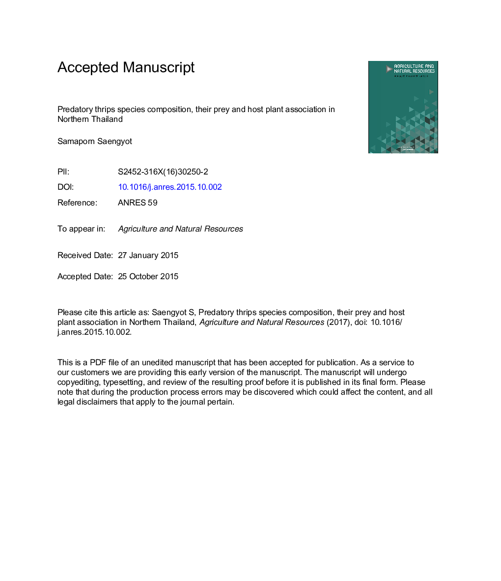 Predatory thrips species composition, their prey and host plant association in Northern Thailand