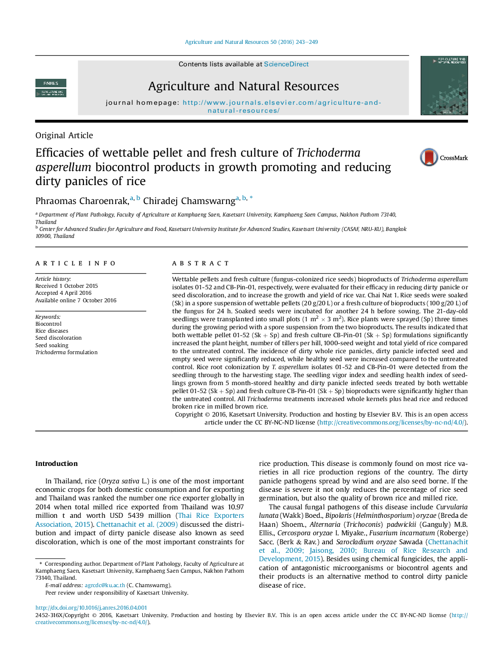 Efficacies of wettable pellet and fresh culture of Trichoderma asperellum biocontrol products in growth promoting and reducing dirty panicles of rice