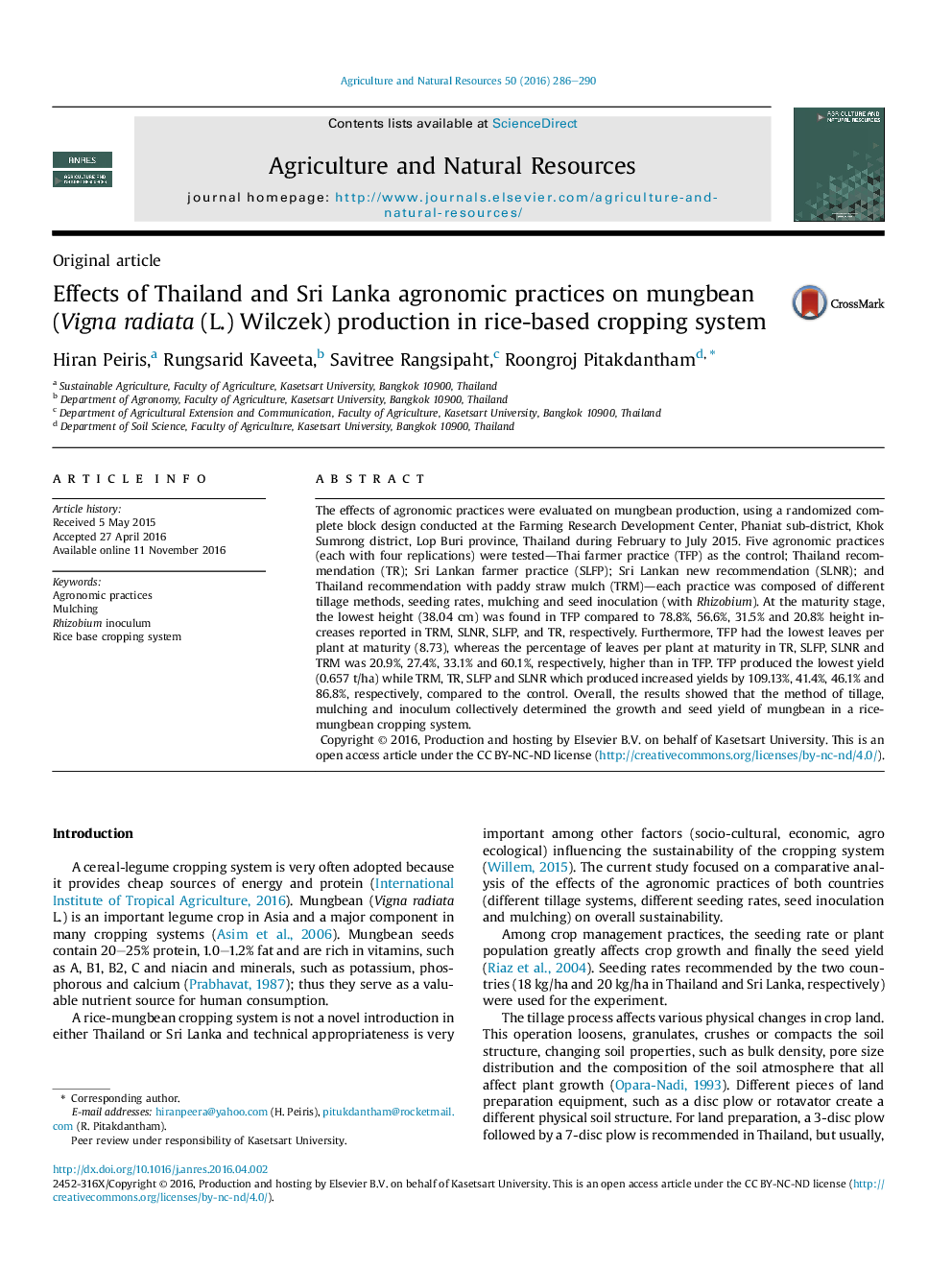 Effects of Thailand and Sri Lanka agronomic practices on mungbean (Vigna radiata (L.) Wilczek) production in rice-based cropping system