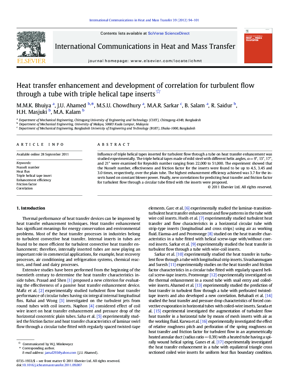 Heat transfer enhancement and development of correlation for turbulent flow through a tube with triple helical tape inserts 